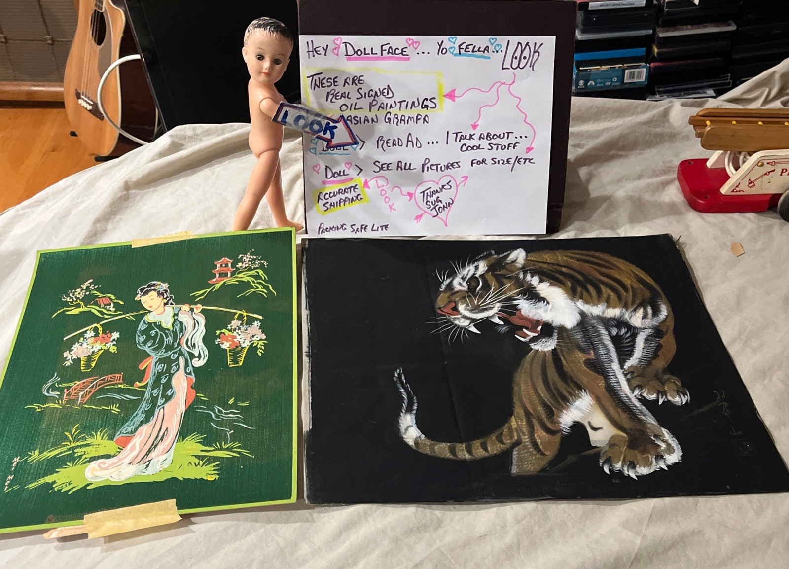 Real Signed Asian Oil Paintings 2 Of Tiger And Chinese Lady China Old Unusual ￼