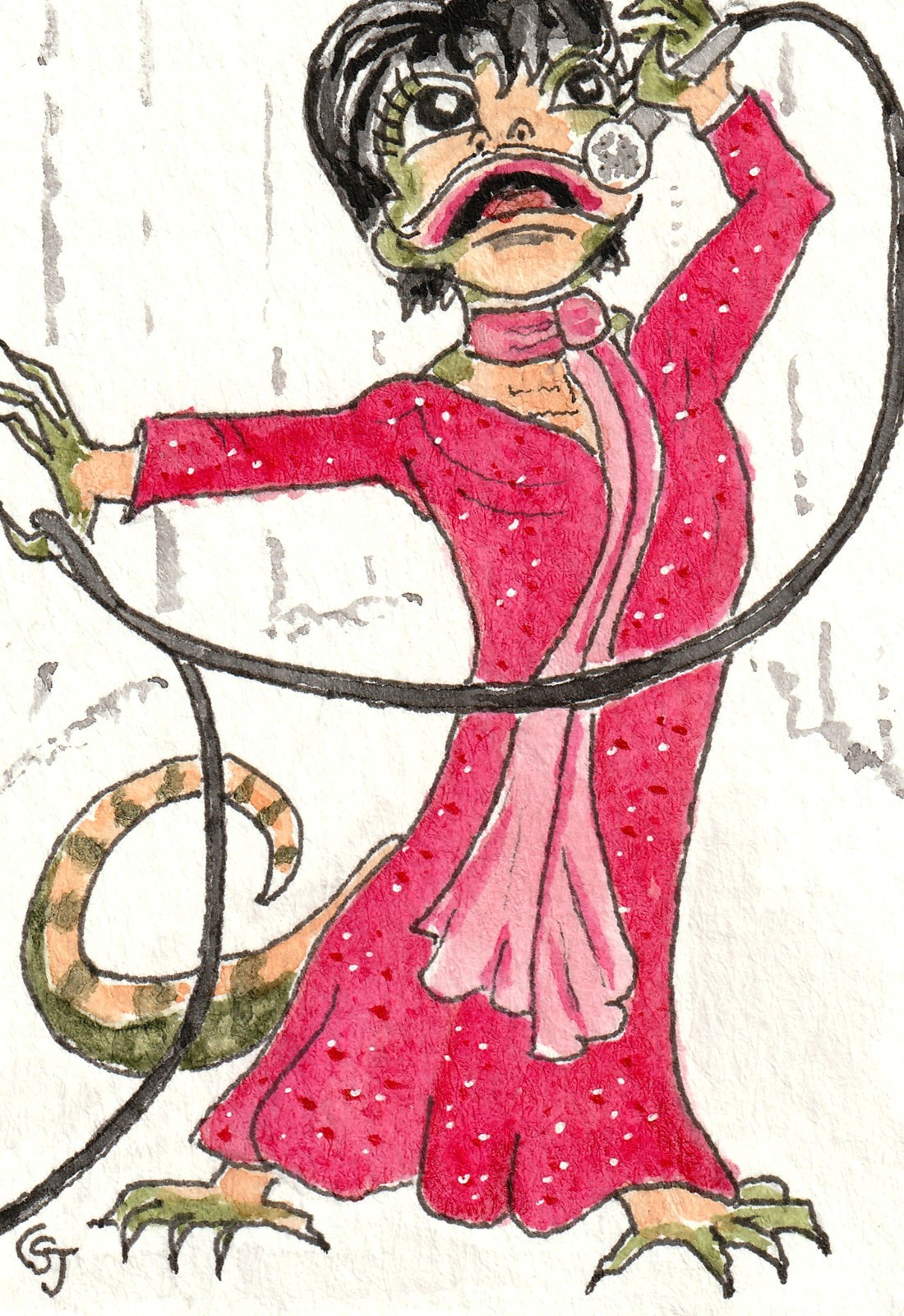 ACEO Original Painting Lizard Minnelli Funny Watercolor Art signed by CS Jackson