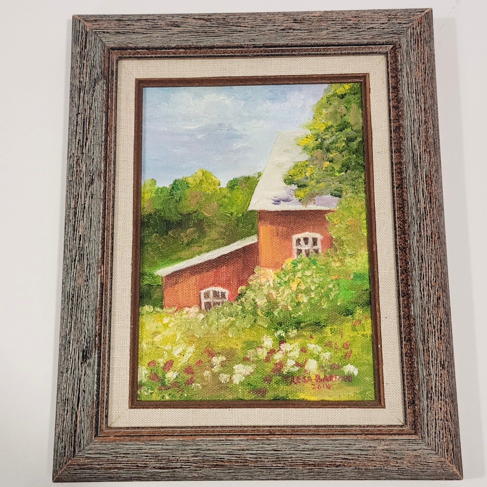 Signed Tresa Barton 2014 Original Oil Painting Red Barn Landscape Framed