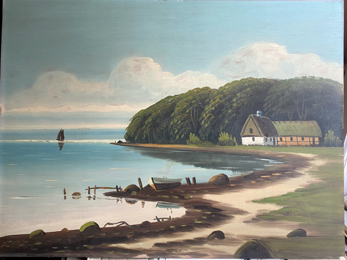 Oil Painting Landscape Village Church Farmhouses Summer Nature Lake Shore Boats