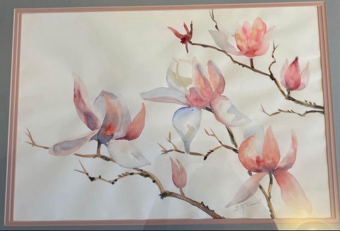 Vintage original watercolor painting signed framed Pink Magnolia Flowers