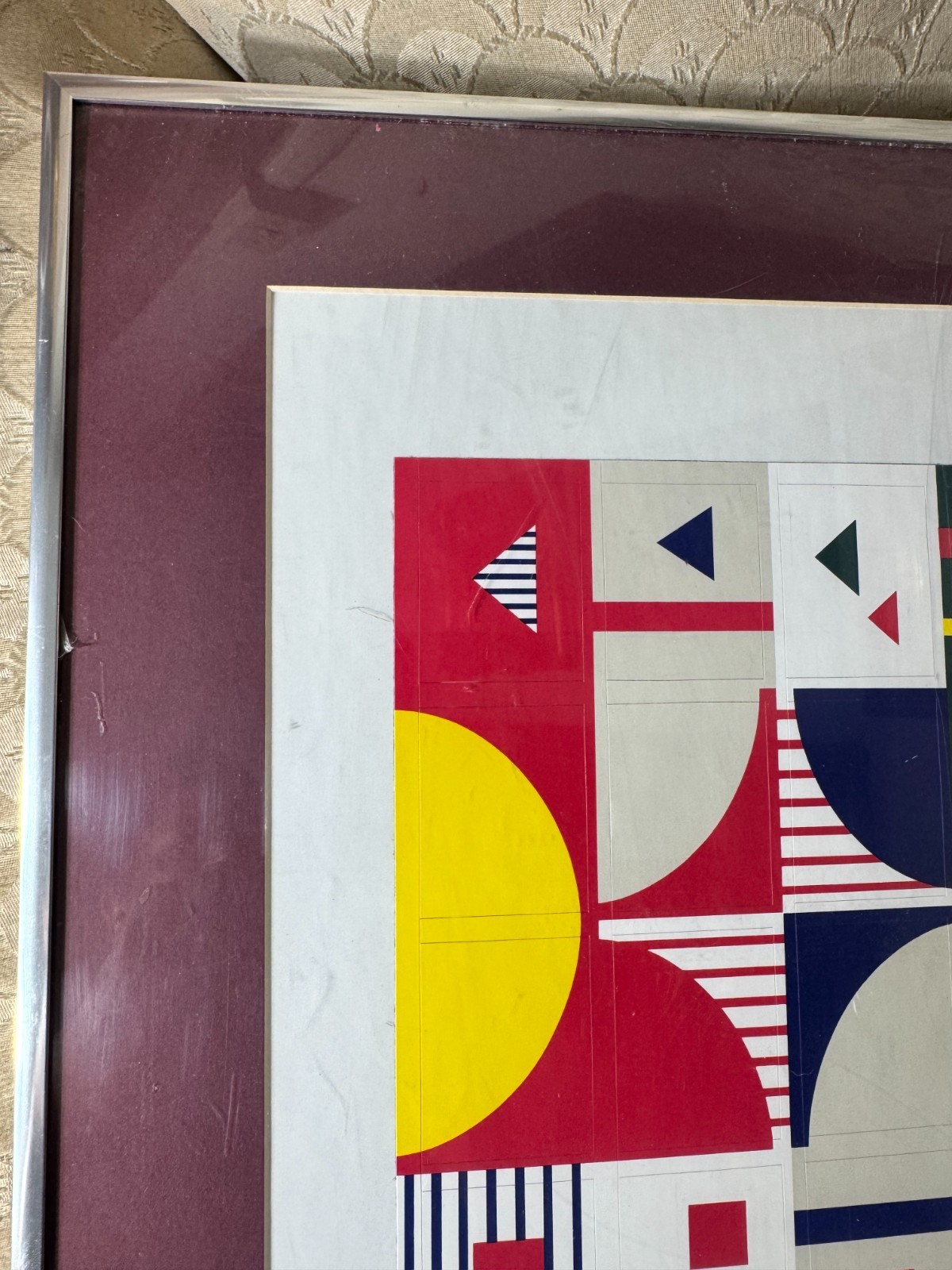 Vintage Geometric Abstract Mixed Media Composition Silver Tone Metal Framed