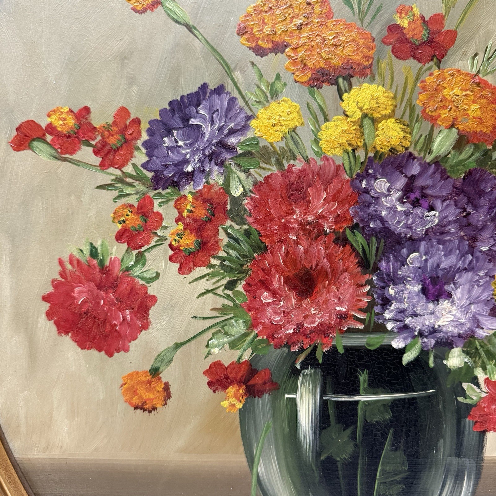 Vintage Original Signed Still Life Flowers in Vase Painting Gilt Oval Framed 22”
