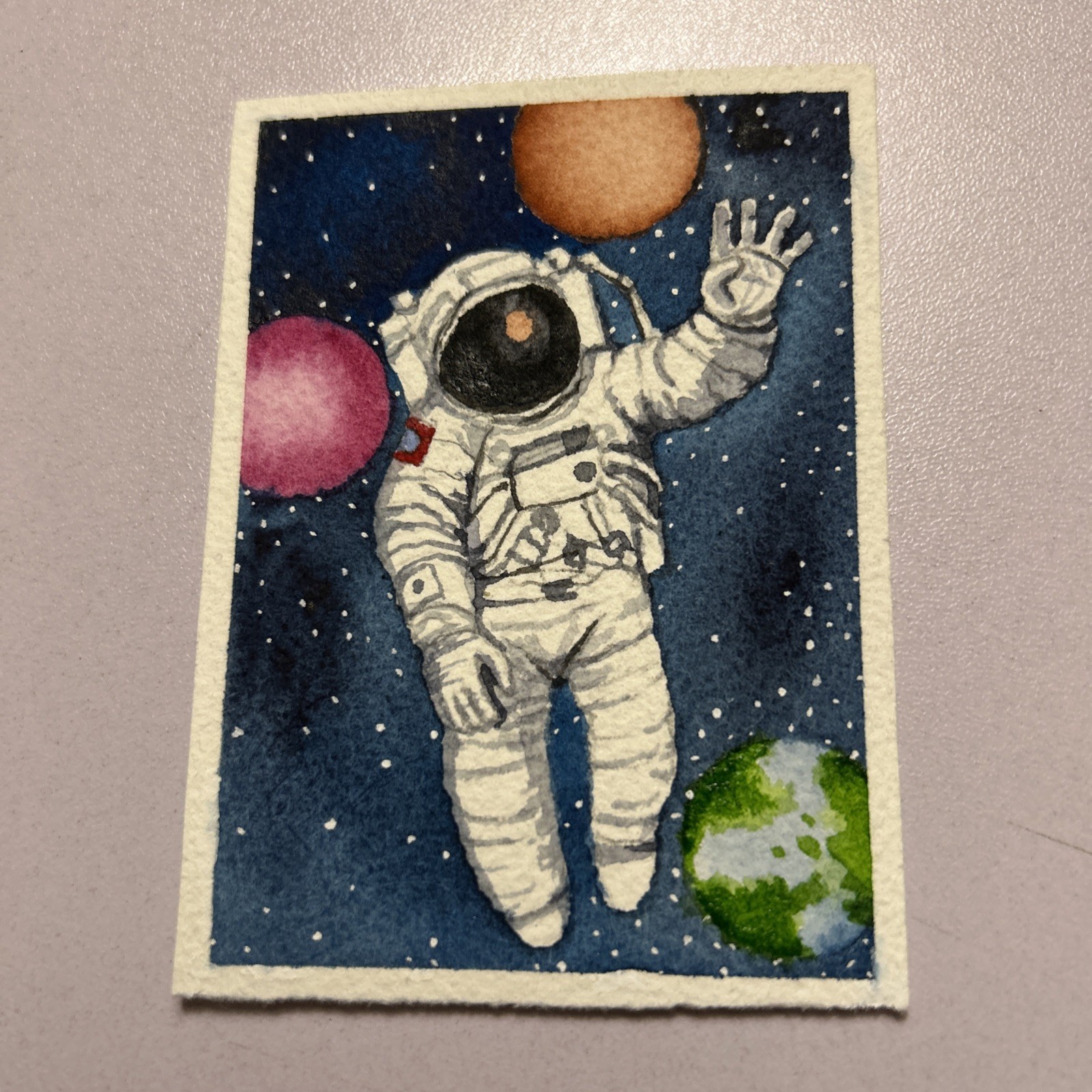 ACEO Original Art Colorful Galaxy Astronaut Watercolor Painting Free Shipping .