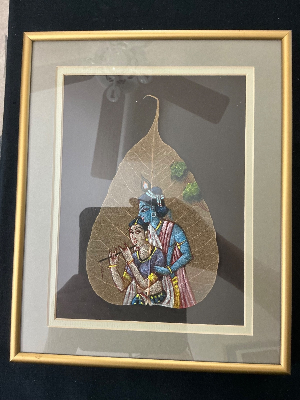 Hand Painted Oil Color on Skeleton Pipal Tree Leaf Indian Radha Krishna Framed