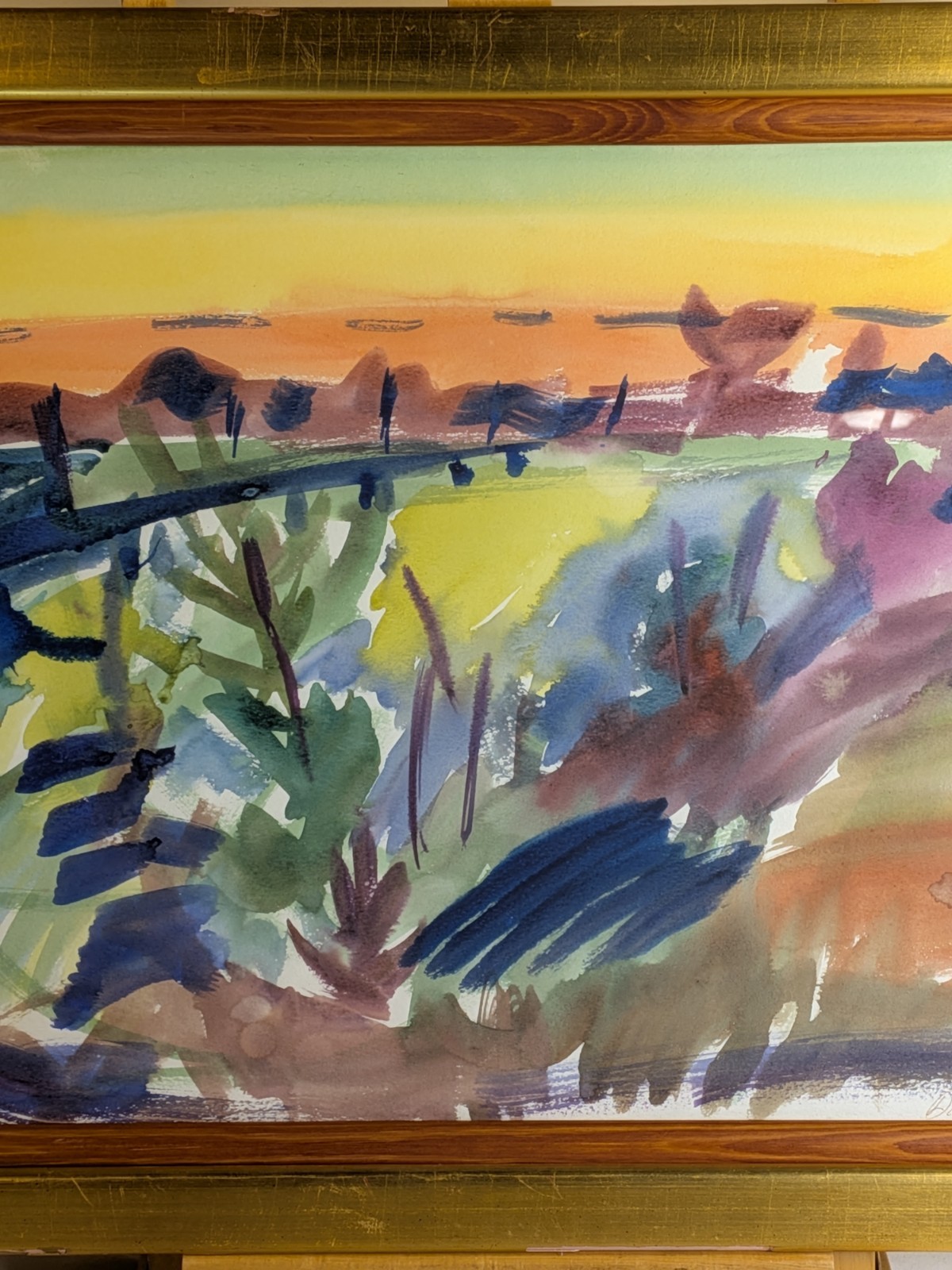 Vintage watercolor landscape painting abstract impressionist Jersey City Liberty