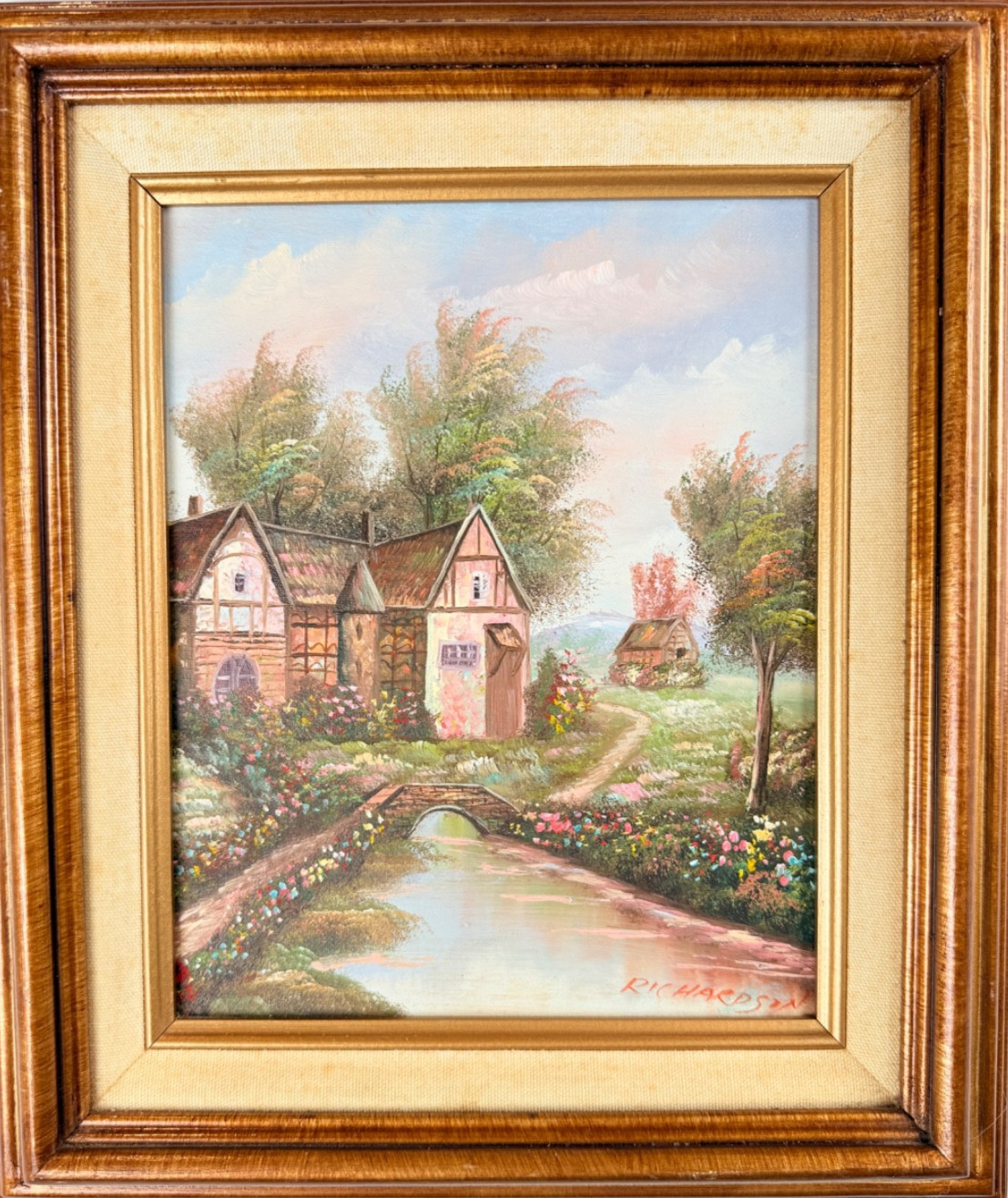Signed Richardson Oil on Canvas English Cottage Garden Stone Bridge Landscape