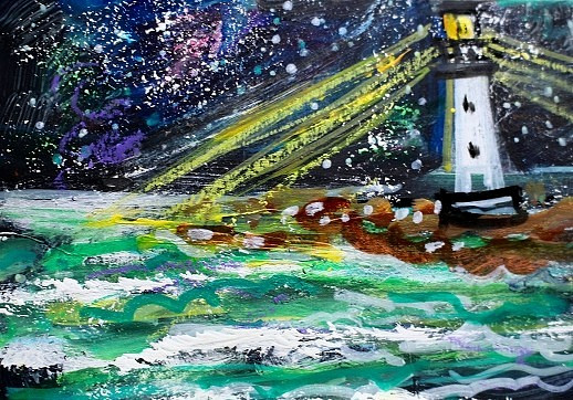 ORIGINAL ACEO Painting LIGHTHOUSE Night Stars Ocean Boat Waves Light Sea ATC ART
