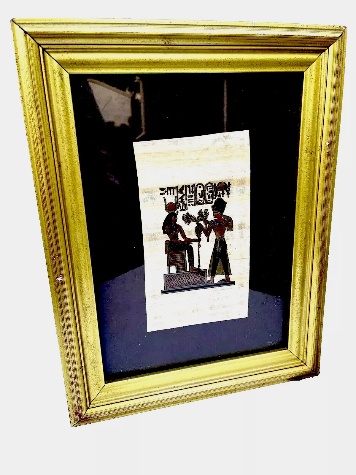 Hand Painted Egyptian Papyrus Framed Queen of Egypt Vintage 13x 11” Signed