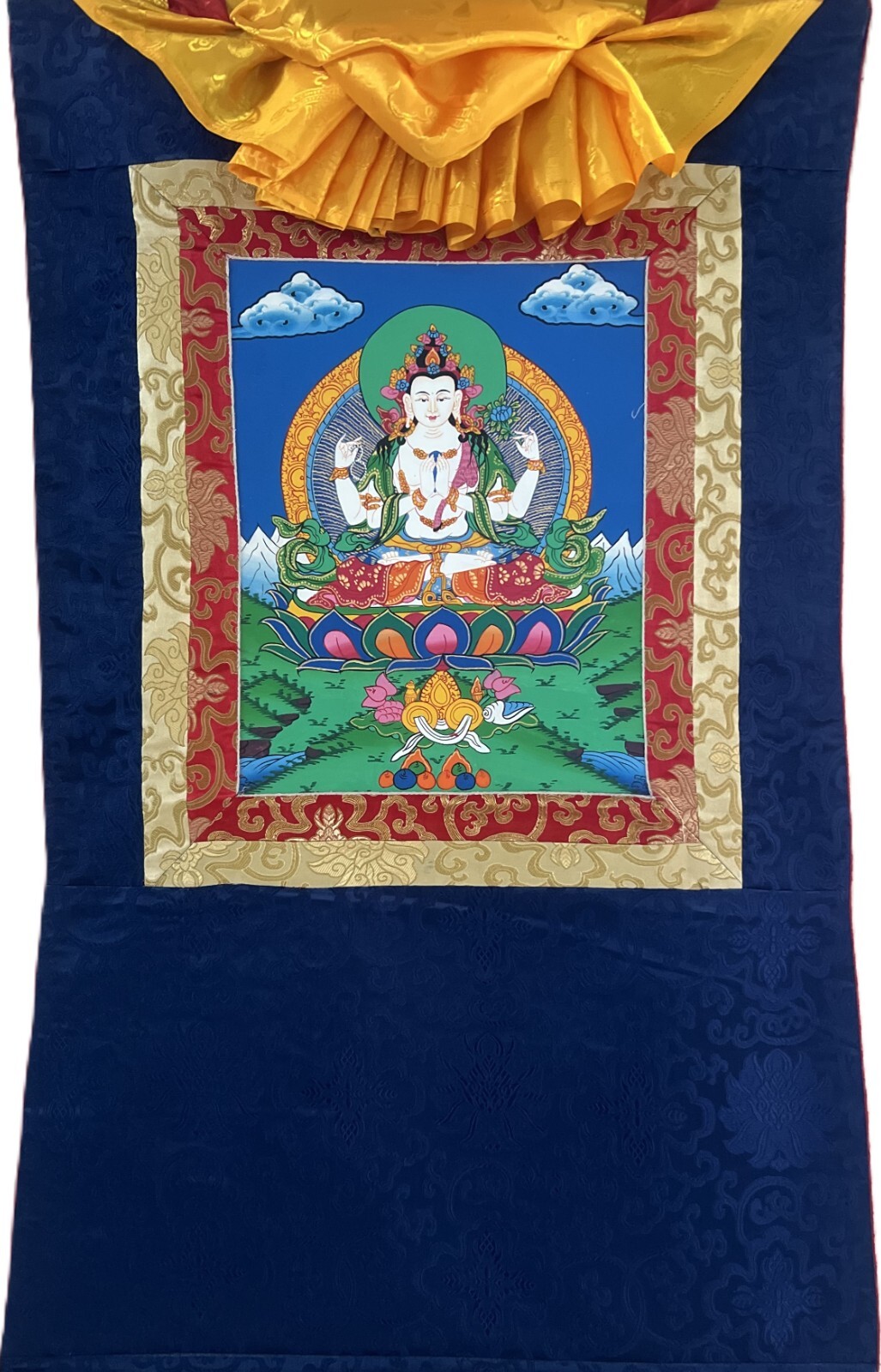AVALOKITESHVARA/ CHENREZIG ORIGINAL TIBETAN THANGKA PAINTING WITH SILK BROCADE