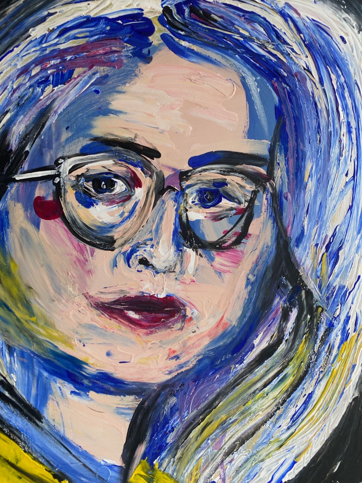 OIL PAINTING MODERN PORTRAIT OF A WOMAN WITH GLASSES AND BLUE HAIR RED LIPS