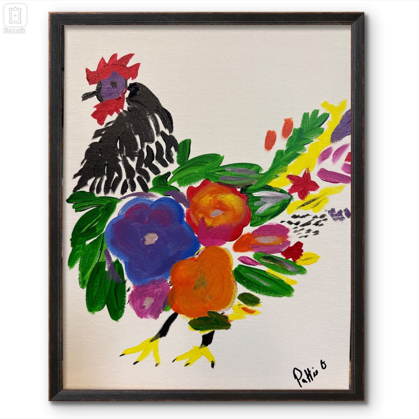 Rooster in Bloom Original 14×11 Modern Folk Art Painting Canvas Signed Decor