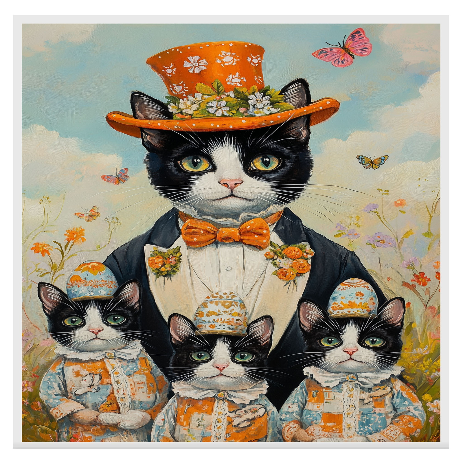 Whimsical Easter Charm: Tuxedo Cat on Flat Rolled, Framed or Wrapped Canvas