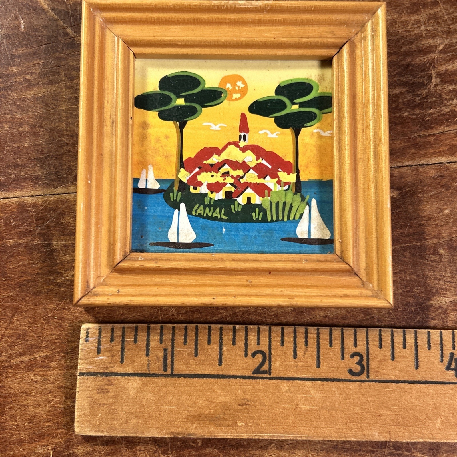 LOT OF 4 Wood FRAMED PICTURES / PAINTINGS / 1980s By Canal, Rome Italy? 3″ Sq.