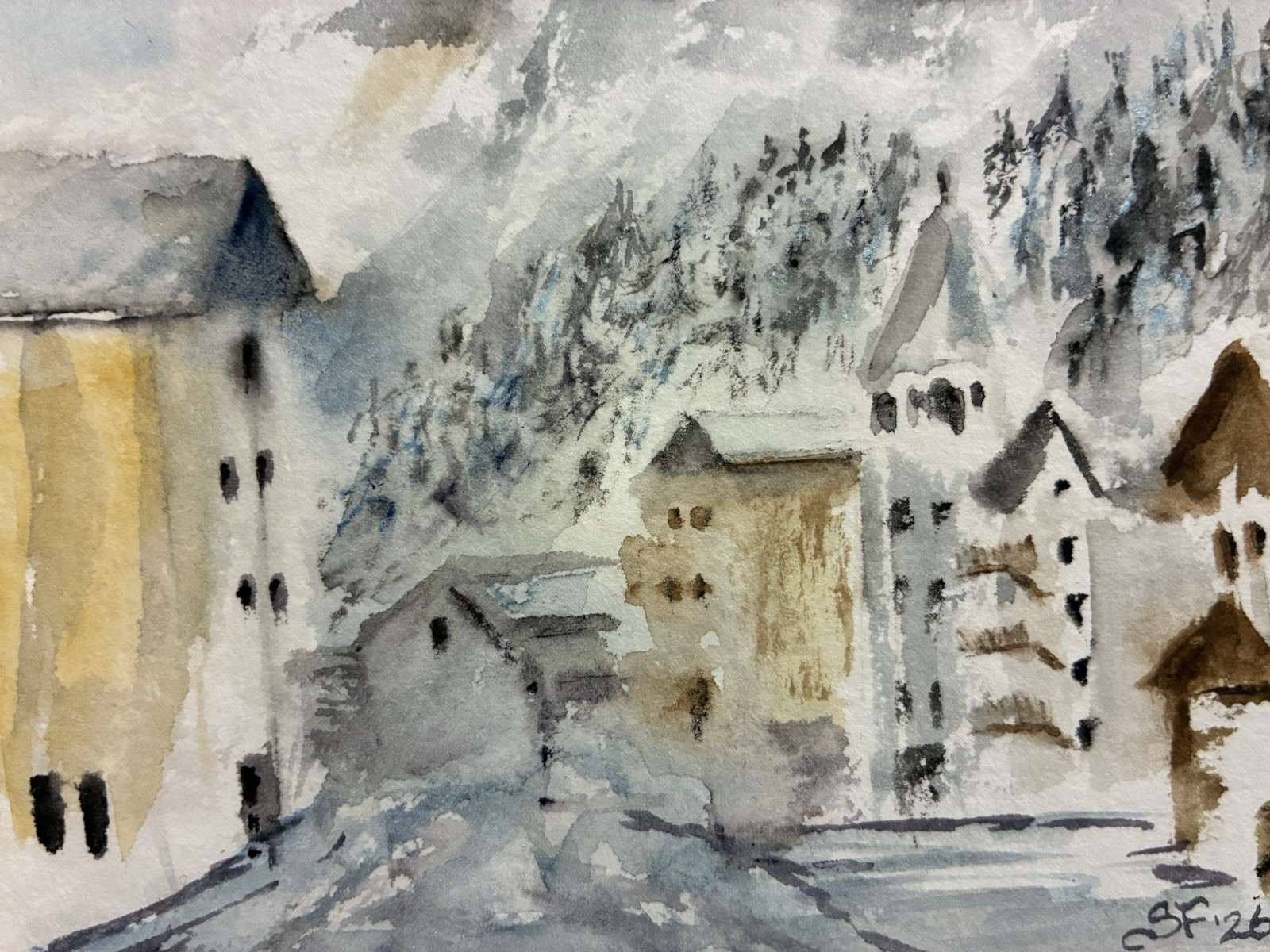 Original Watercolor Painting Ski Village Italy 5×7 Signed Impressionism