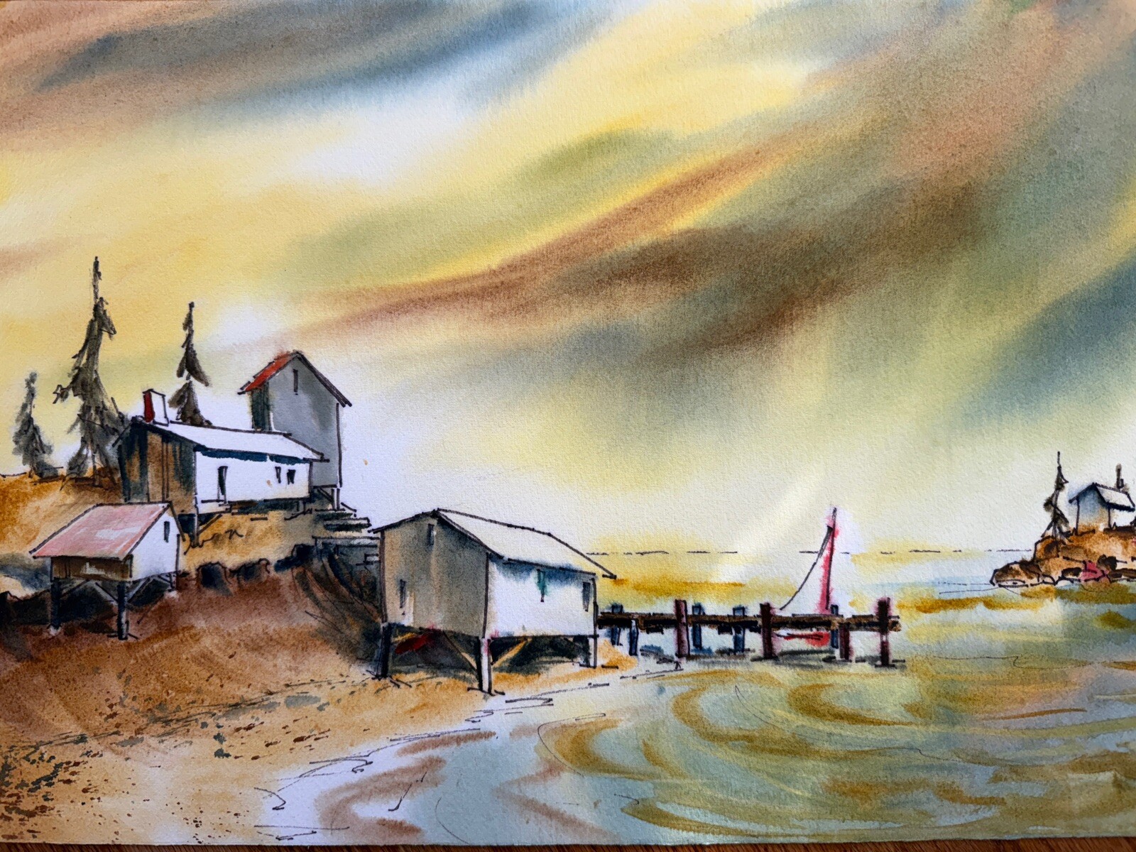 Vintage Unknown Artist Landscape Beachfront Homes Watercolor Painting on Paper