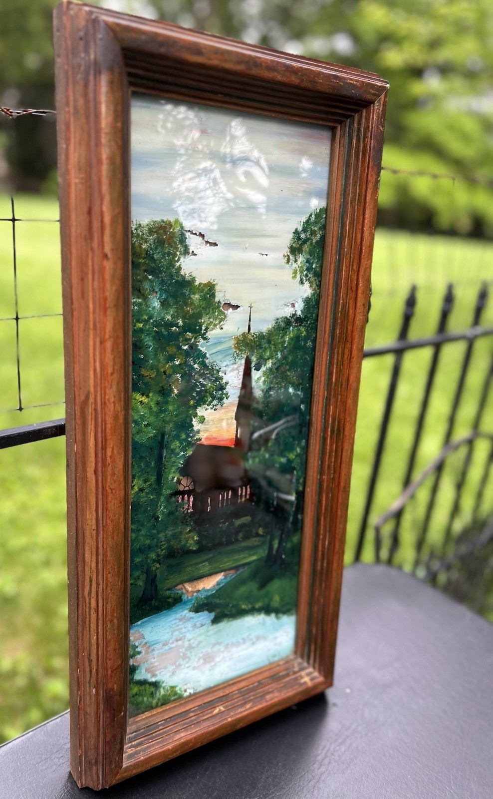 Antique Wood Frame Reverse Painted Church Landscape Germany Signed Chas Bauerle