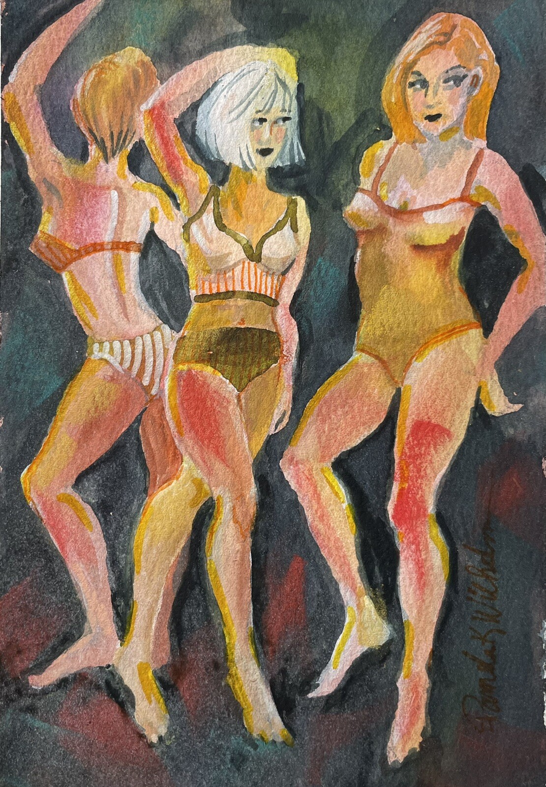 Pamela Wilhelm Original Pastel & Watercolor 5”x7” Women Posing In Swim Suits
