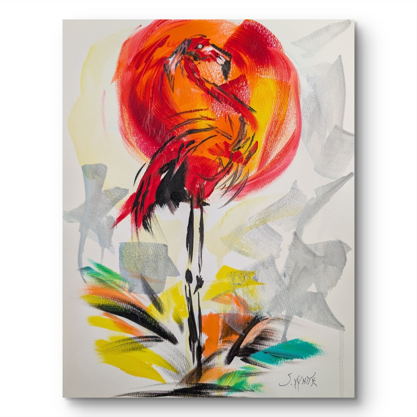 Flamingo Original Painting 11×14 Paper Art Animal Modern Expressionism SWhite