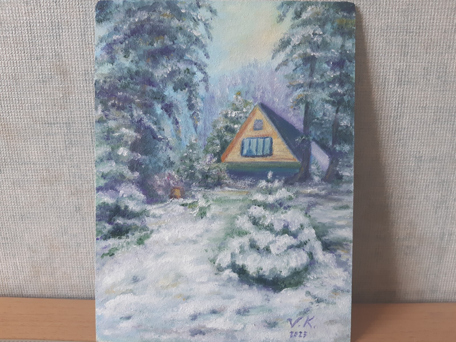 Oil paintings original, House in the winter forest, landscape, fiberboard, ACEO
