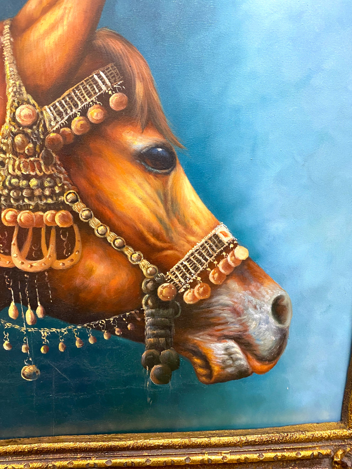 Arabian Horse Oil Painting Ornate Gold Frame Dubai Royal Equestrian Racing Art U