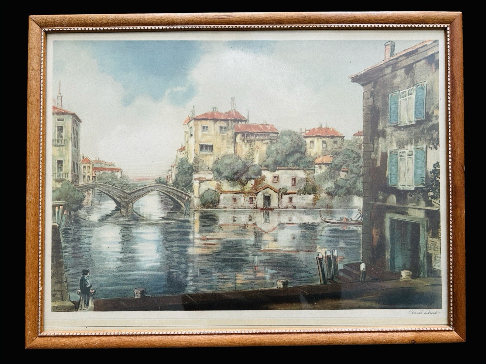 Vintage Claude Dowal «On the Thames» Framed Lithograph w Old Frame