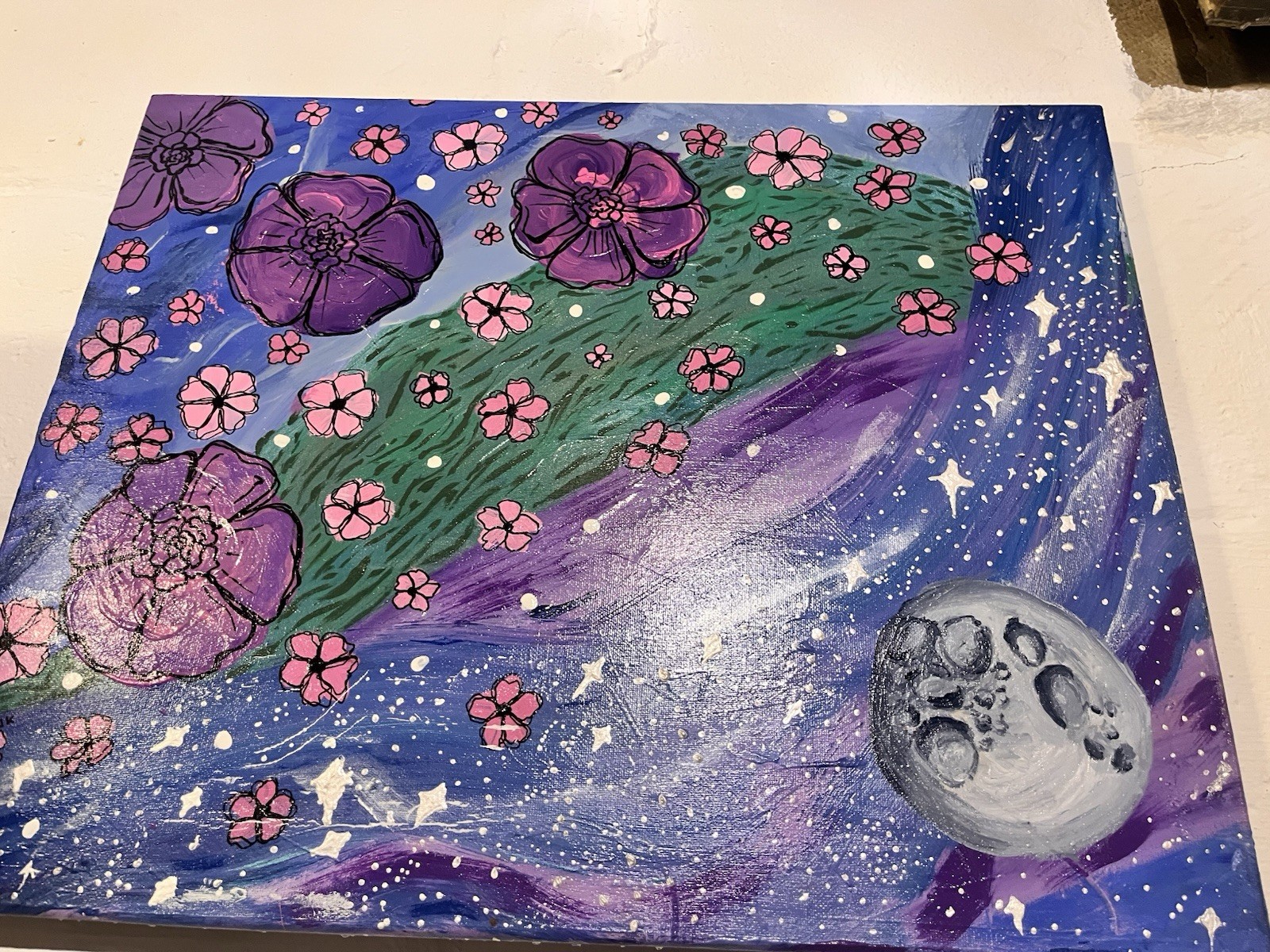 Original 16×20 Acrylic Painting Cosmic Floral Space Galaxy Textured Canvas