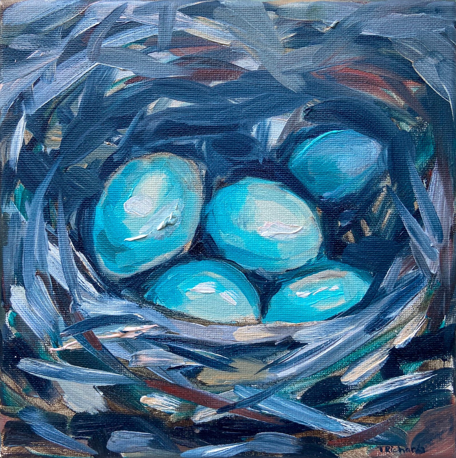 Oil painting ORIGINAL art Eggs blue jay nest artwork small wall art 8×8″