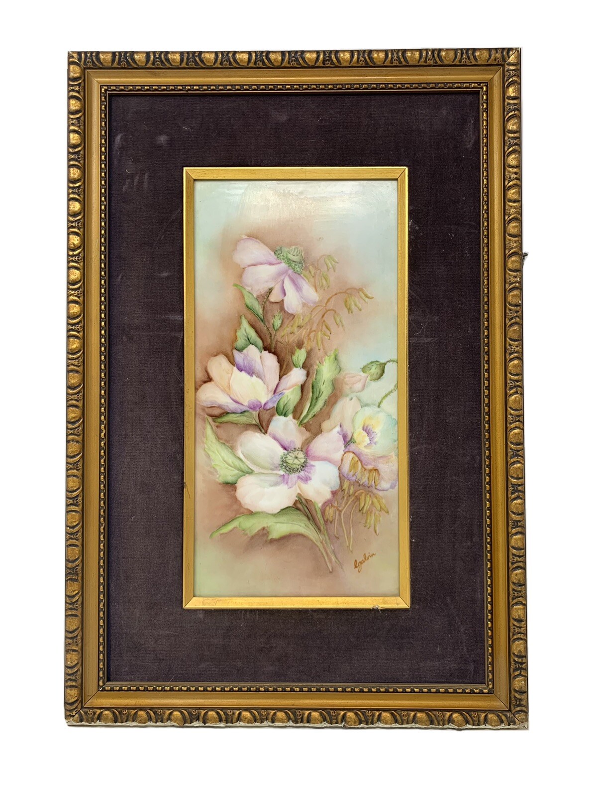 Antique Vtg Hand Painted Signed Floral Porcelain Panel Ornate Frame Framed