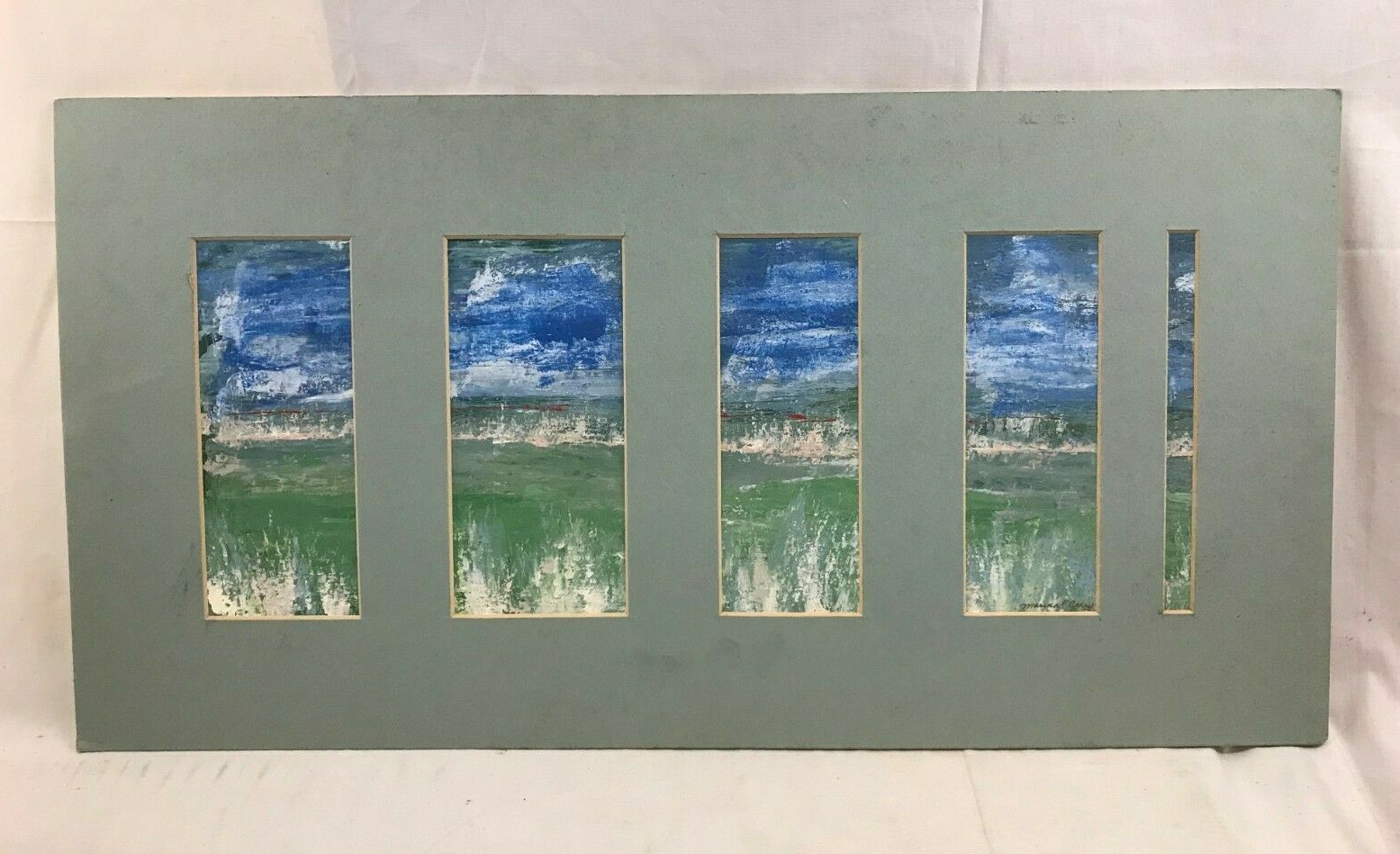 Great Orig. c1980 signed Marian F. Carey Abstract Landscape Painting 12″ x 23″