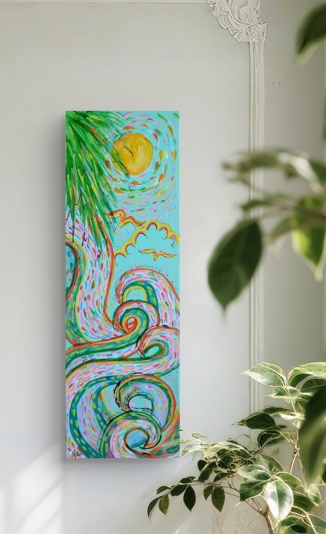 Original Expressionist Tropical Waves 12 x 4 Acrylic Painting