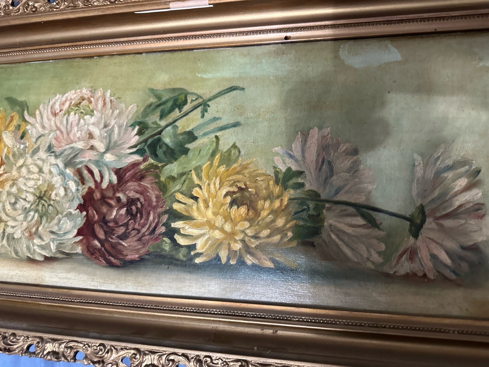 Antique Victorian Rare Horizontal Oil / C Chrysanthemum’s 40 X 14 Still Life