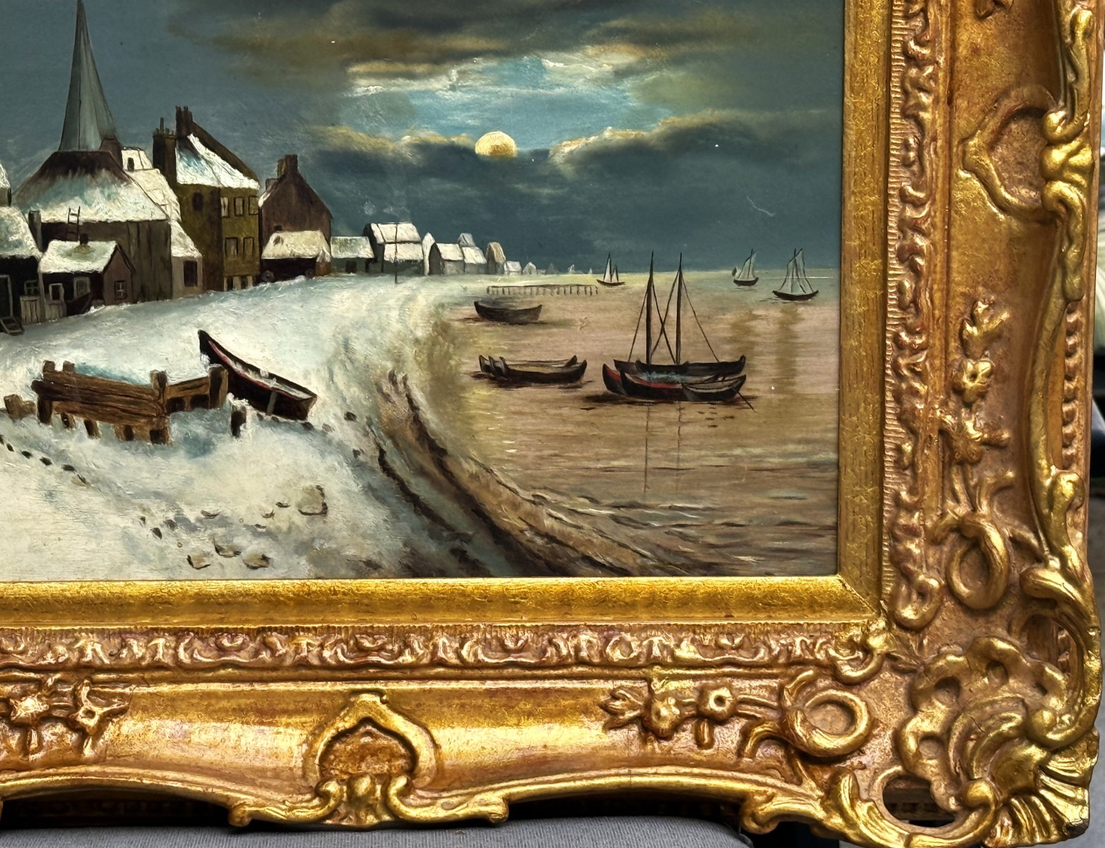 RARE VTG 20th C Dramatic Luminist Oil/Panel Hudson Valley Winter Scene, Framed!