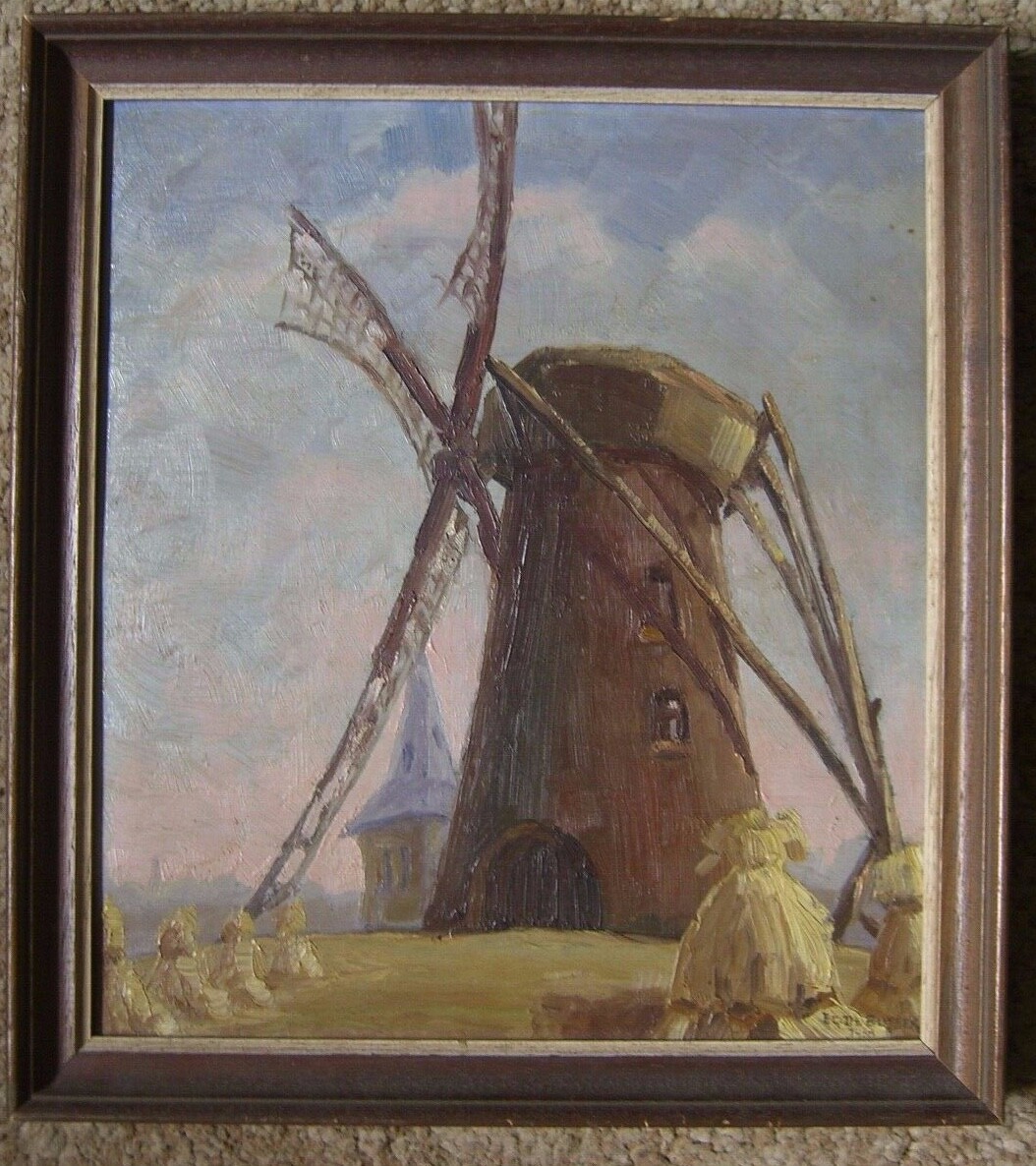Signed Eg. De Buyser Landscape with Windmill Hay Bales Limburg Belgium