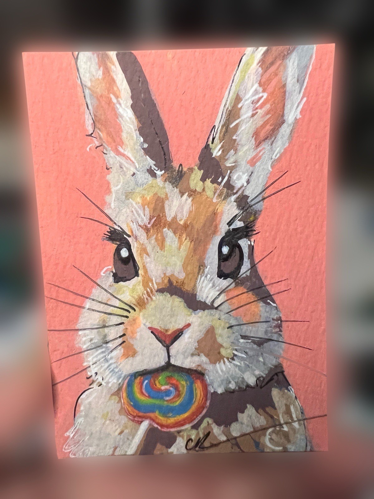 ACEO Original Painting- Bunny Sweet- Mixed Media, Rabbit With A Lollipop, Art