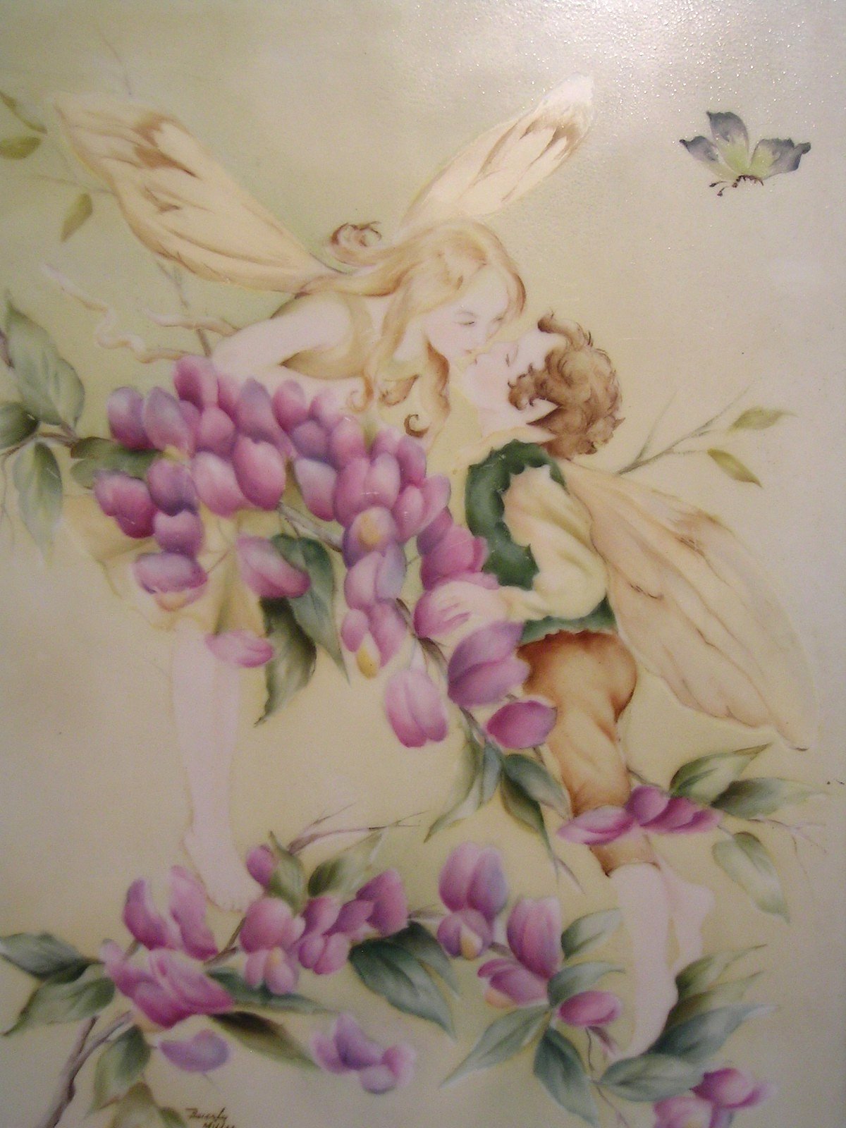 Vintage Porcelain Hand Painted Plaque Fairies Lovers Signed