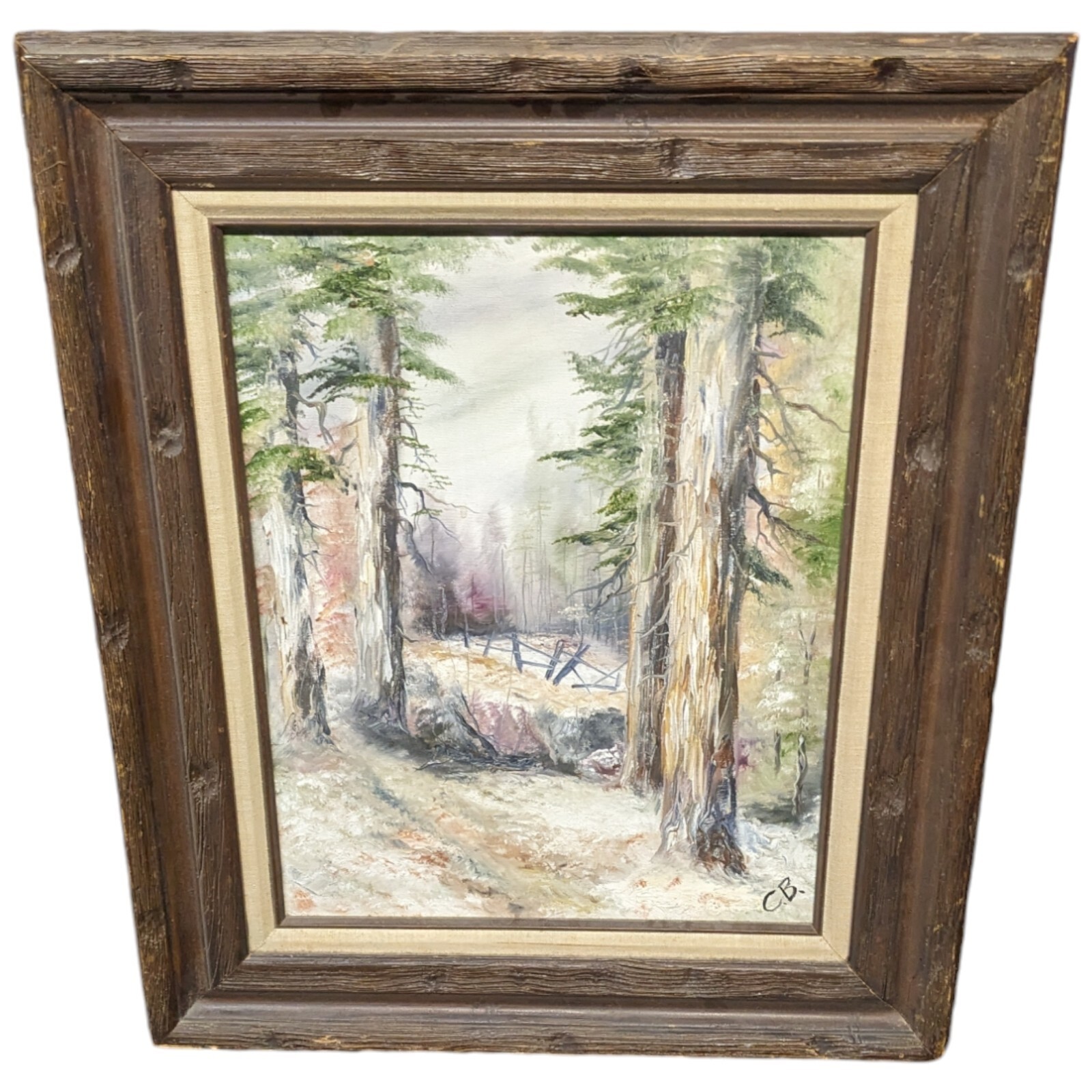 Vintage Woods Painting Forest Fence Broken C.B. with Frame Antique
