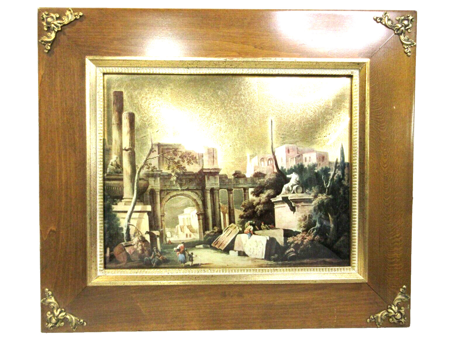 WOOD FRAME WITH GOLD ACCENTS/BOWED GLASS FOIL WORK OF ART ~18″ X 20 3/4″~#1