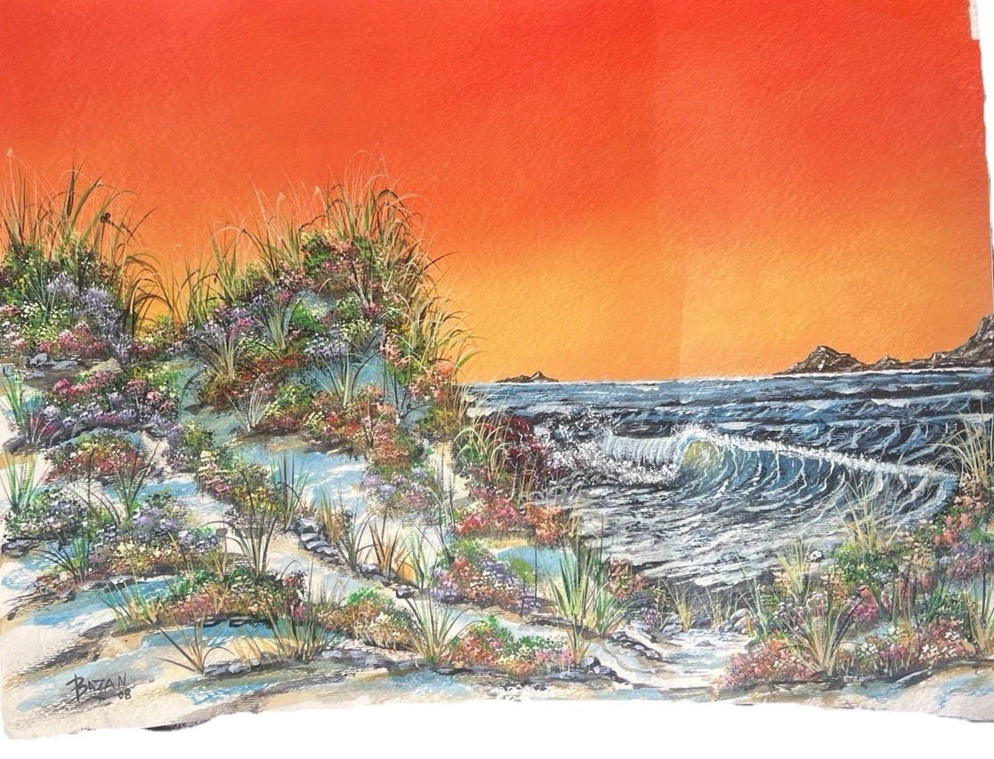 Vibrant COASTAL ART Dunes Beach Sea Sunset Oil Painting On Paper Signed 9×15