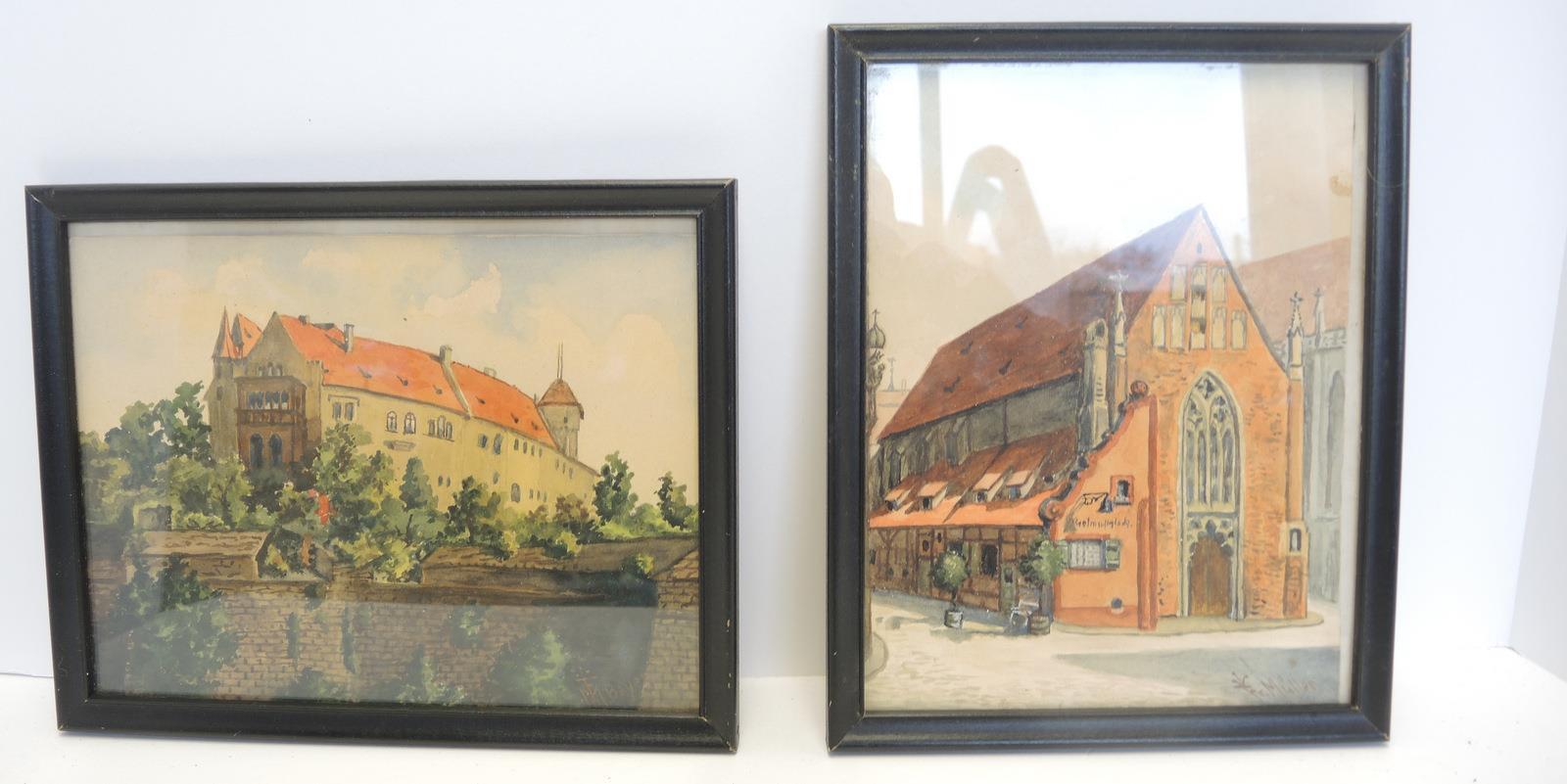 Two Antique Watercolors of Church Cathedral Signed Fr Mueller & M Bayer