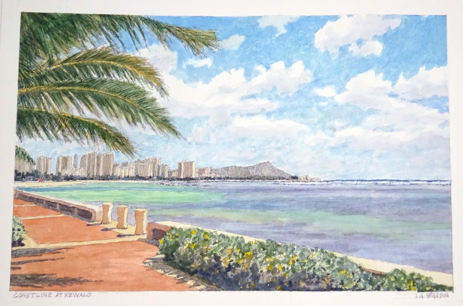 Original Hawaii Watercolor Painting «Coastline at Kewalo» by L. Segedin #62