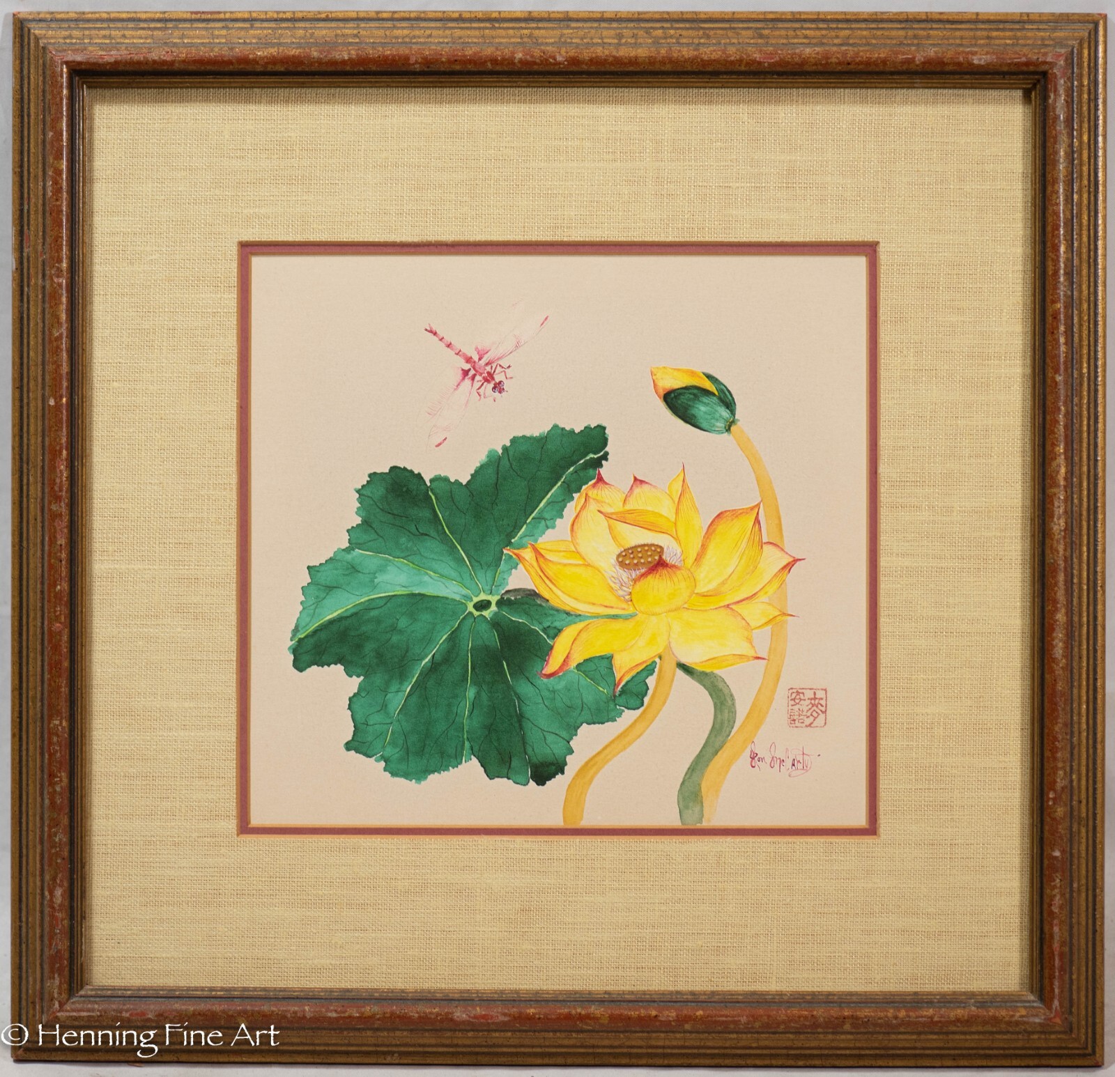 Beautiful Vintage Asian Watercolor Painting Lily and Dragonfly by Ron McCarty