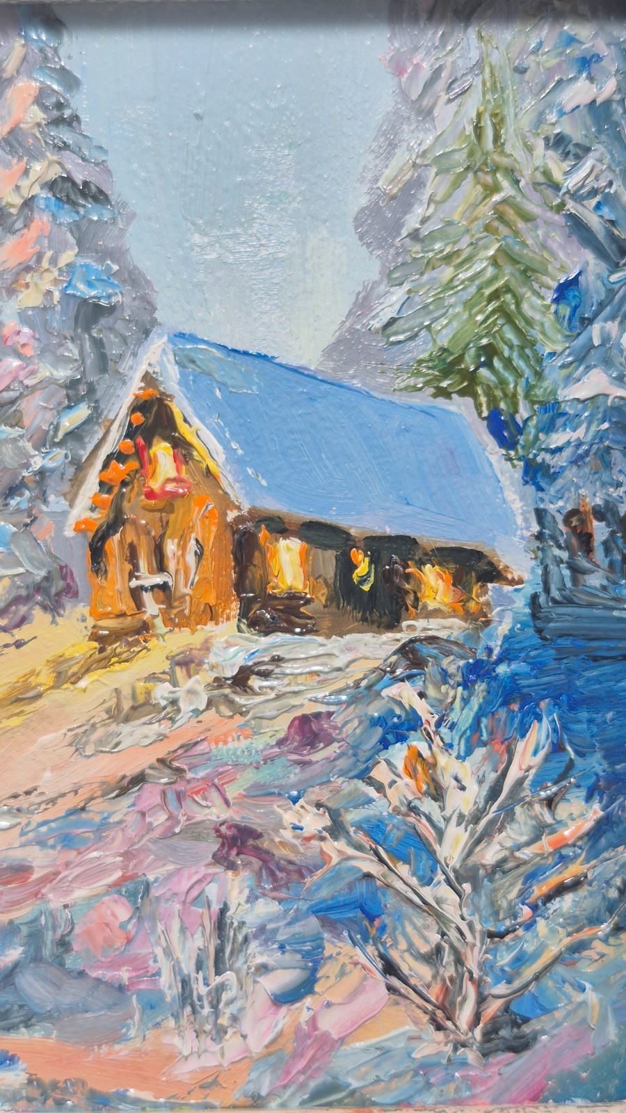 original oil painting in a frame. winter landscape cottage in the forest. 4х4