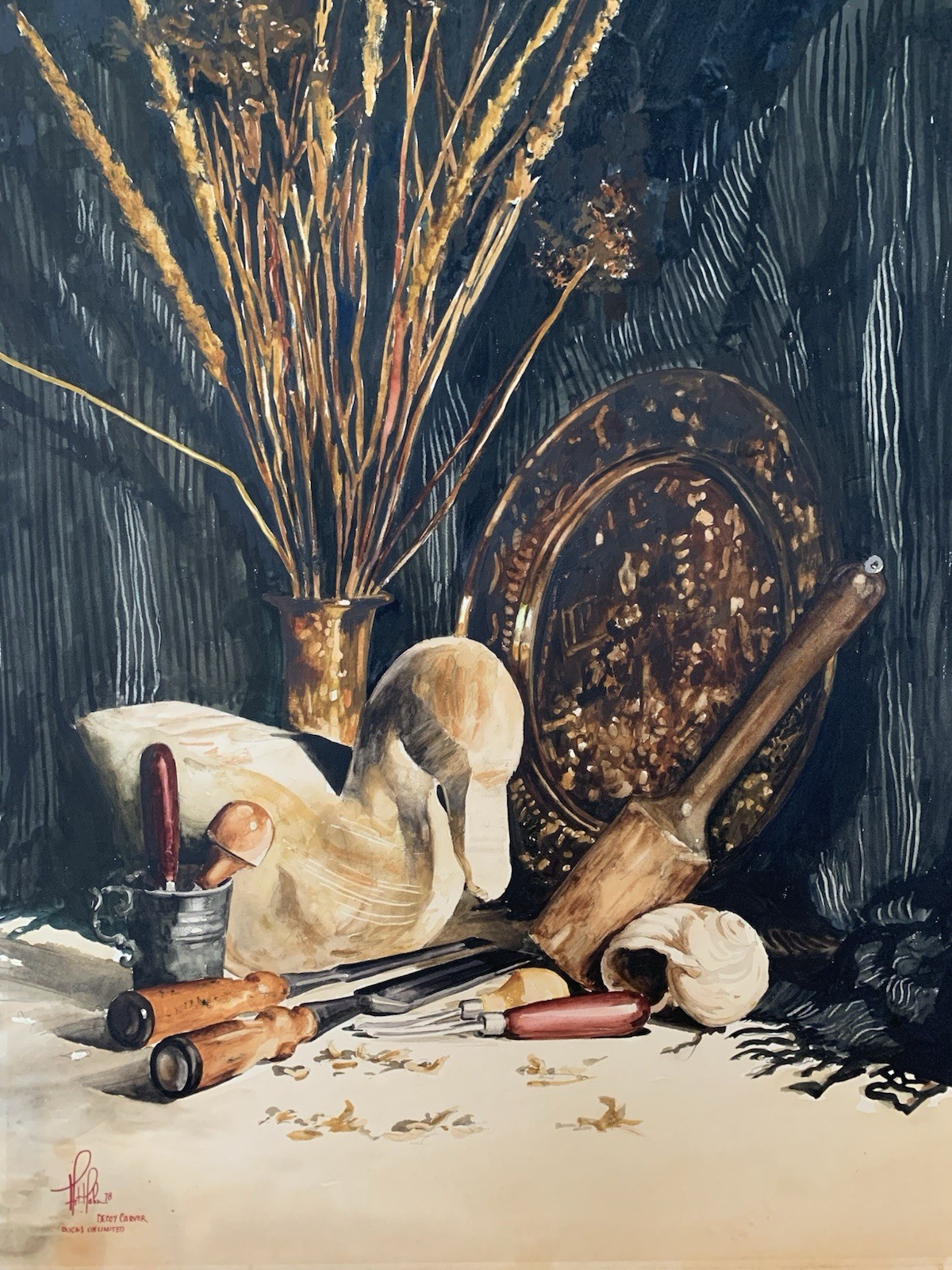 Arthur Art Hahn Large Watercolor Painting Duck Decoy Carver Ducks Unlimited