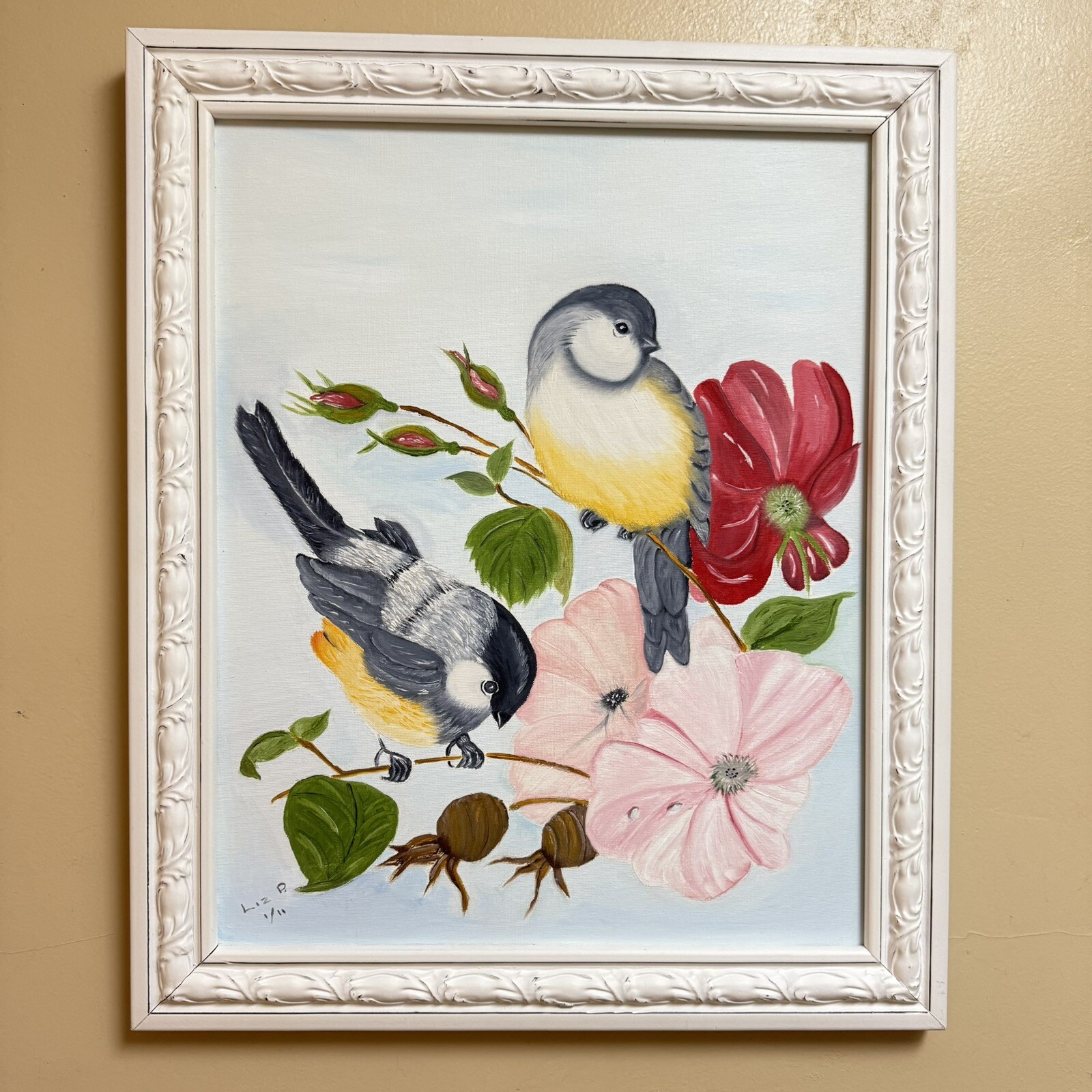 OOAK Sweet Chickadees And Flowers Painting Signed 2011, Shabby White Frame 19×24