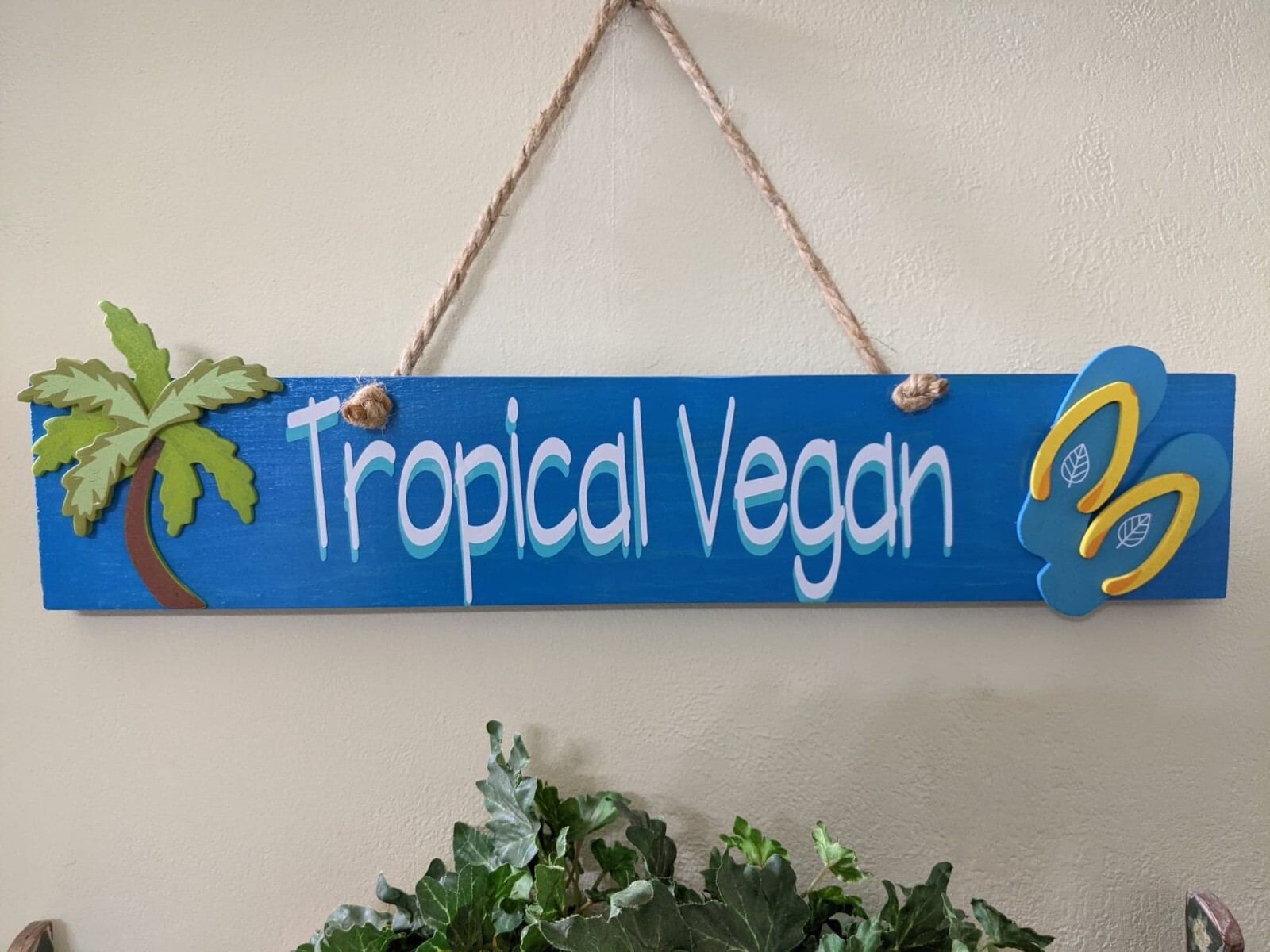 TROPICAL VEGAN Beach Theme WOOD SIGN Handmade Blue Green White Aqua GIFT Decor