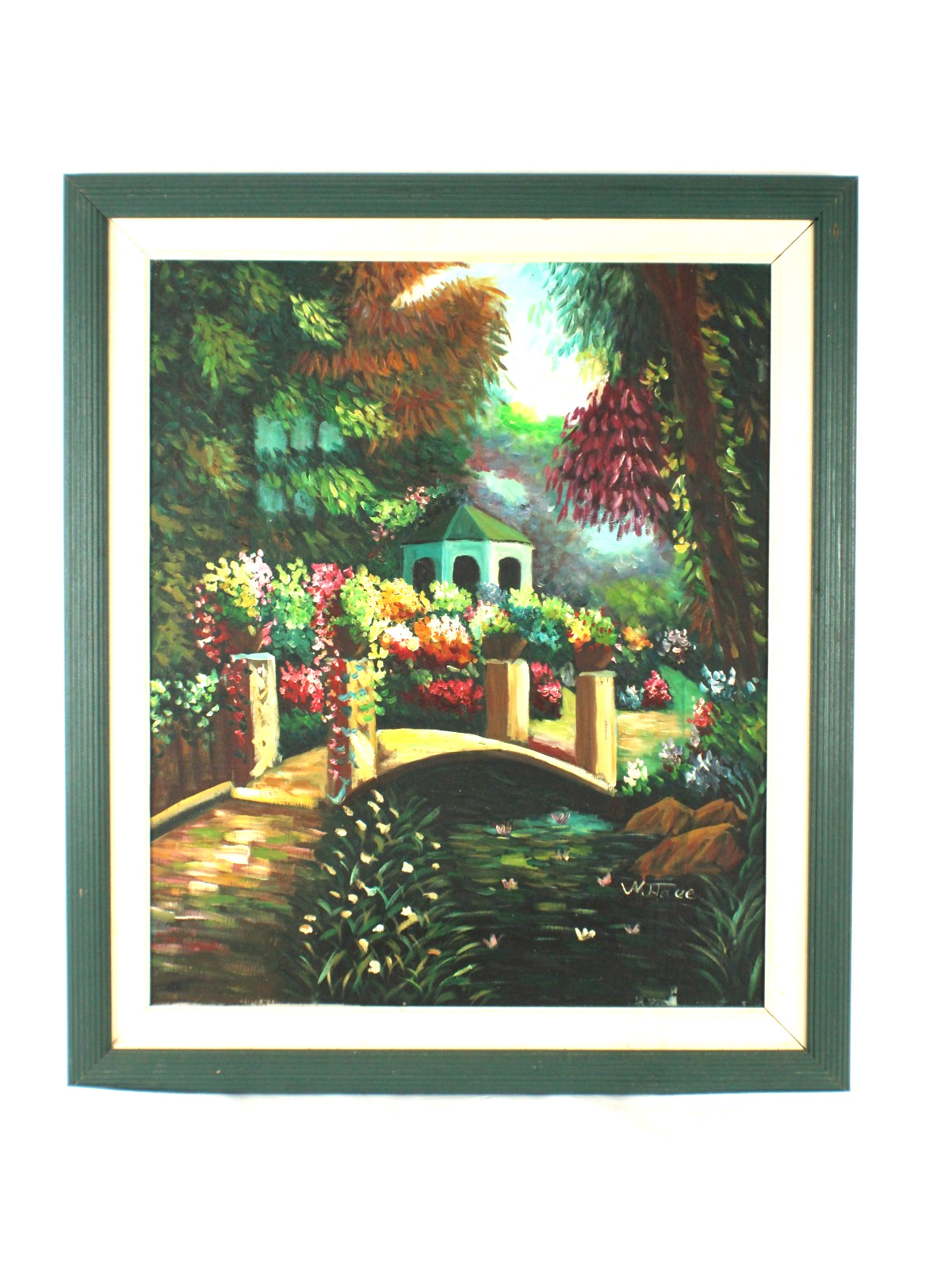 Vintage Garden Scene Landscape With A Gazebo Oil Painting Signed Illegible