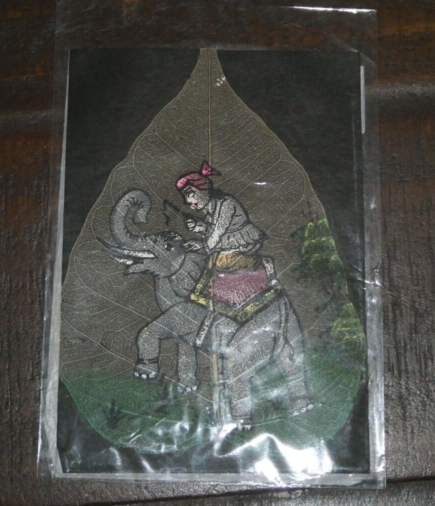 Indian Man riding Elephant Figure Leaf Painting Art Handmade Decorative! Sealed!