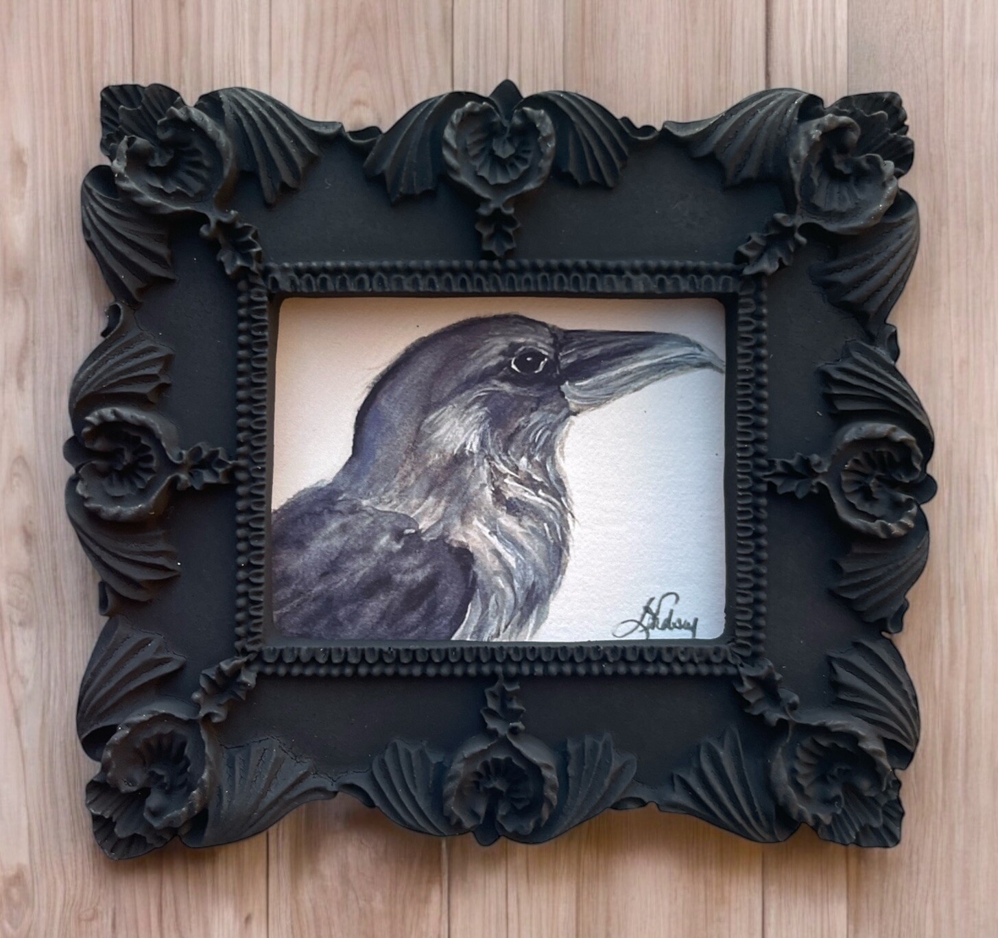 Raven bird watercolor art print in mini black vintage style ornate frame, decor