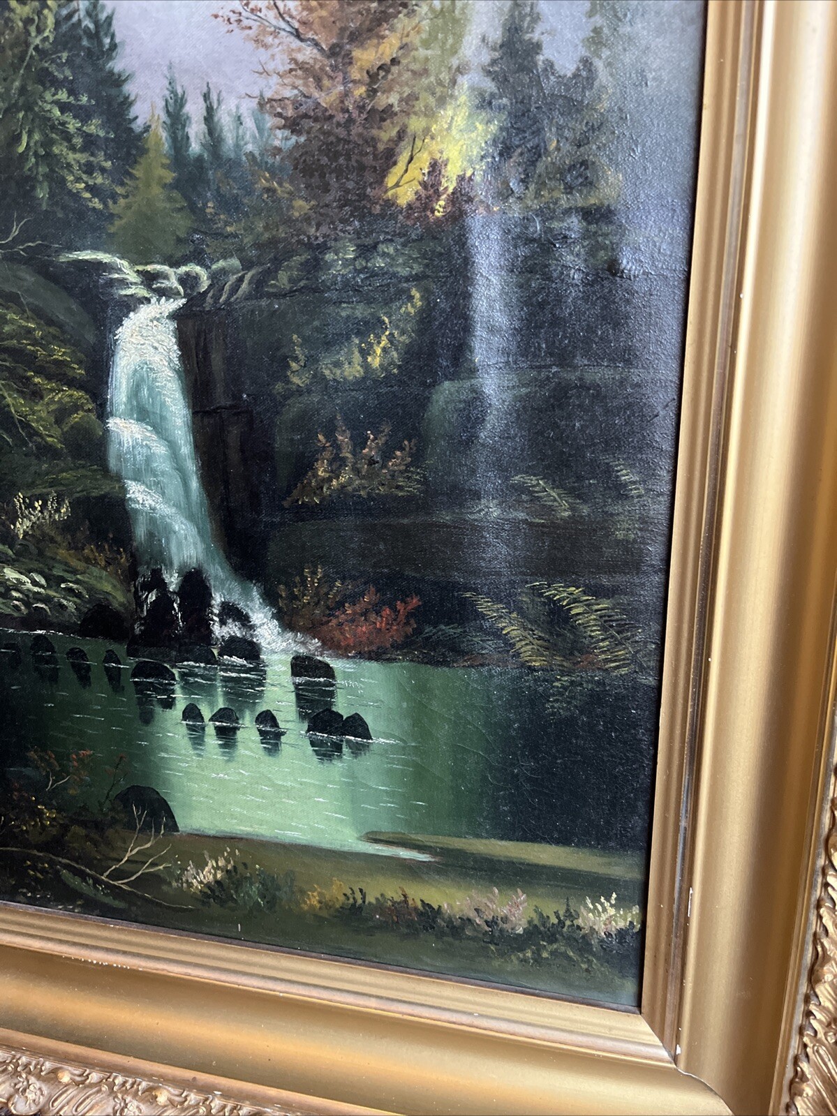 19th Century Beautiful Landscape Waterfall Oil Painting On Canvas Unsigned